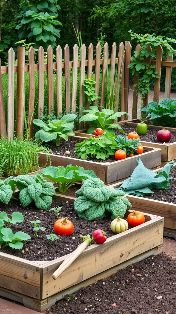 A charming cottage-style vegetable patch with raised wooden beds filled with various vegetables, surrounded by a rustic wooden fence.