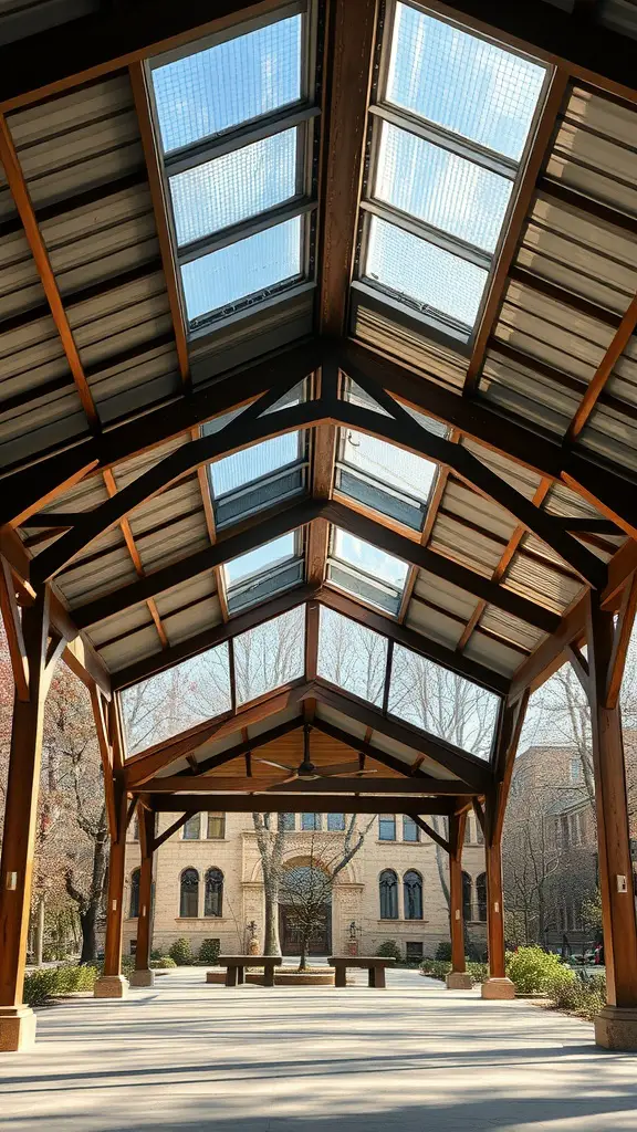 A wooden pavilion with skylights, showcasing a spacious interior and natural light.