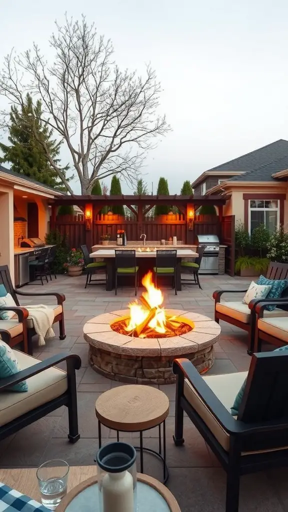 35 Creative Backyard Kitchen Ideas for Outdoor Cooking Enthusiasts 2 Cozy fire pit dining area with comfortable seating and a stone fire pit