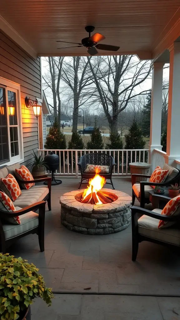 27 Cozy Front Porch Ideas for a Welcoming Home 17 A cozy front porch featuring a stone fire pit surrounded by chairs with orange pillows, creating a warm and inviting atmosphere.