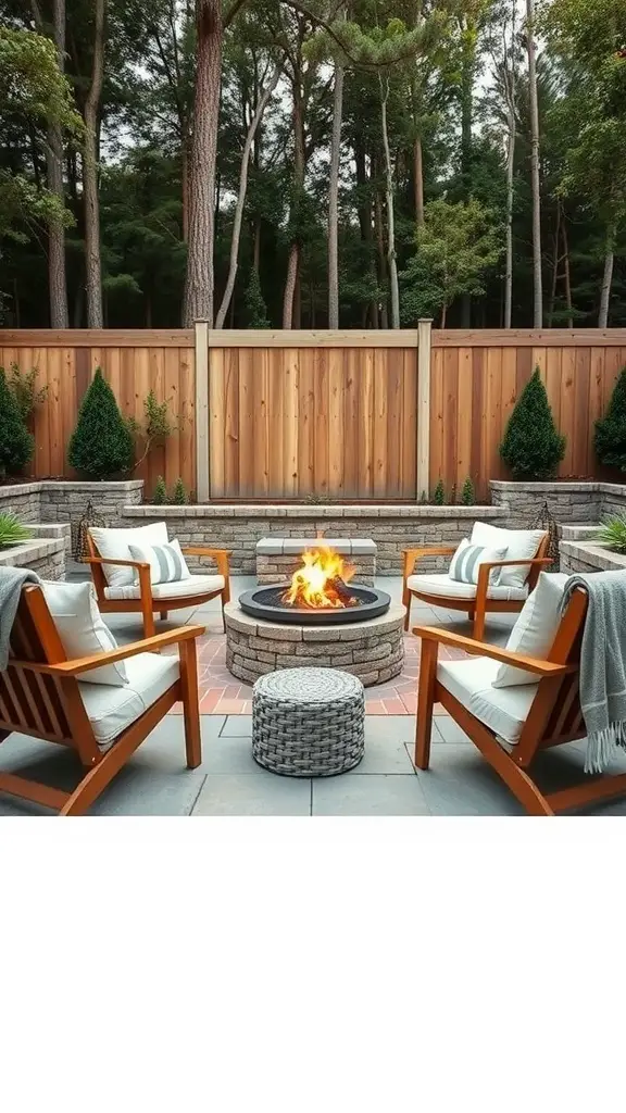 33 Creative Backyard Pool and Patio Ideas for Your Dream Outdoor Space 2 Cozy fire pit seating area with wooden chairs and a stone surround, surrounded by trees