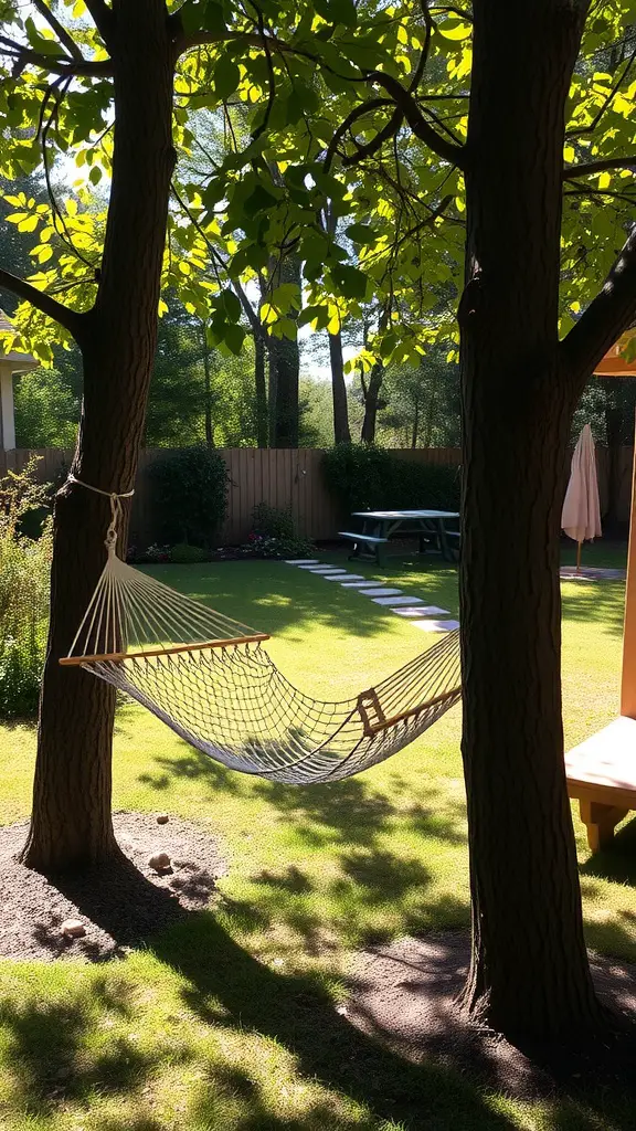 33 Cozy Backyard Ideas for Your Perfect Outdoor Oasis 10 A cozy hammock hanging between two trees in a sunny backyard, surrounded by green grass and trees.