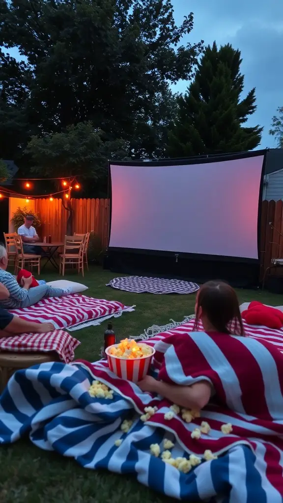 A cozy outdoor cinema setup with blankets, popcorn, and a large screen.