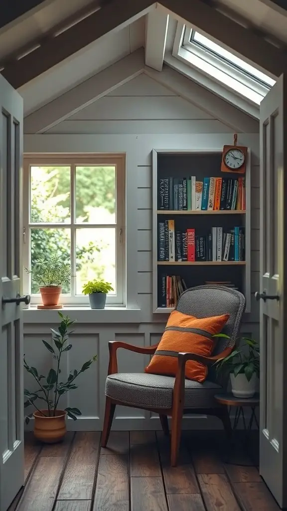27 Stunning Garden Shed Interiors to Inspire Your Outdoor Space 2 A cozy reading nook with a comfortable chair, bookshelf, and natural light.