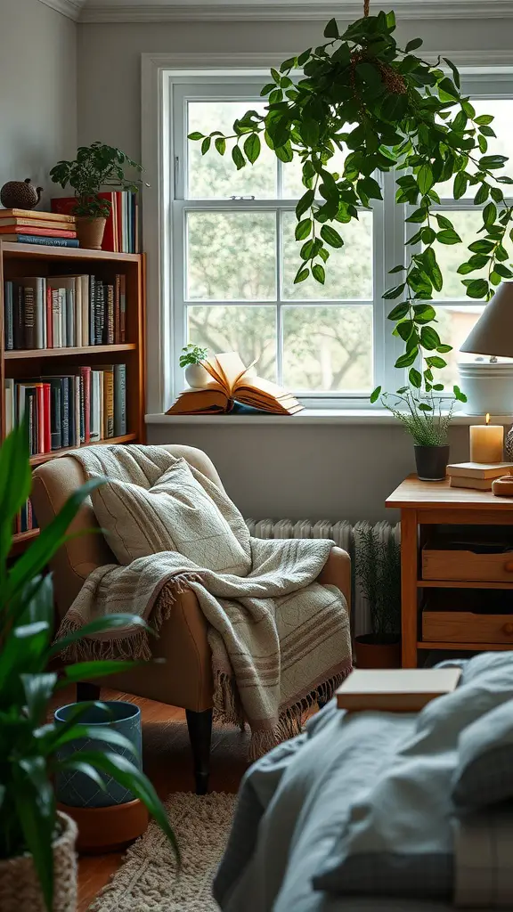 A cozy reading nook with a chair, blanket, and bookshelves.