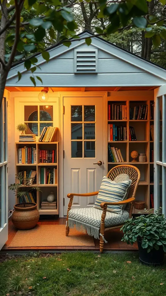 37 Creative Backyard Shed Ideas for Every Style 8 A cozy reading nook shed with a chair, bookshelves, and plants