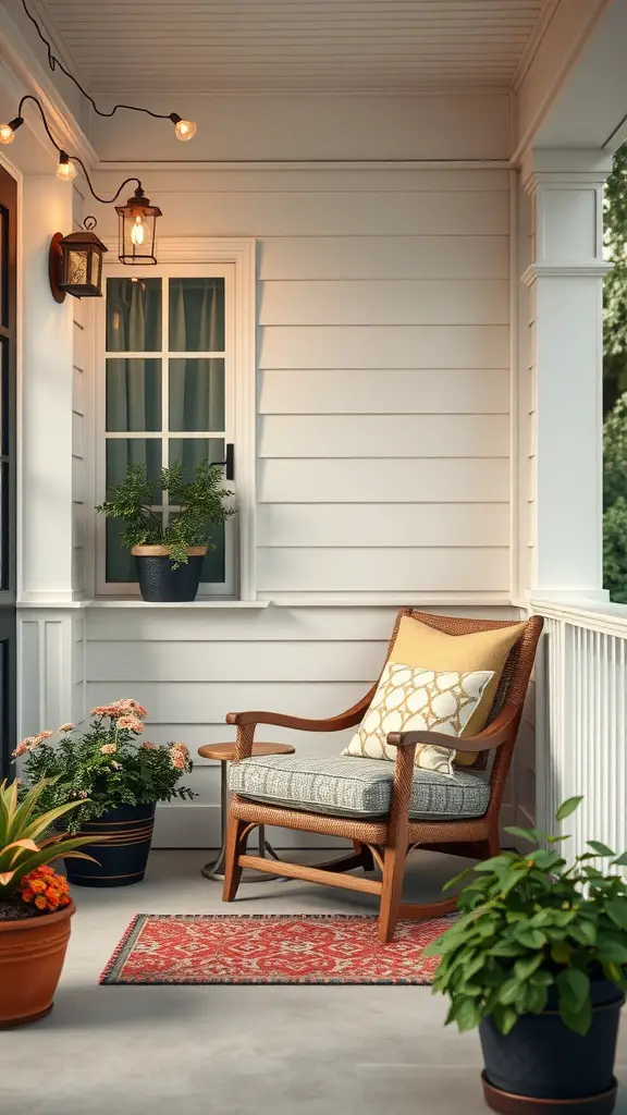 27 Cozy Front Porch Ideas for a Welcoming Home 19 Cozy reading nook on a front porch with a chair, cushions, plants, and string lights.
