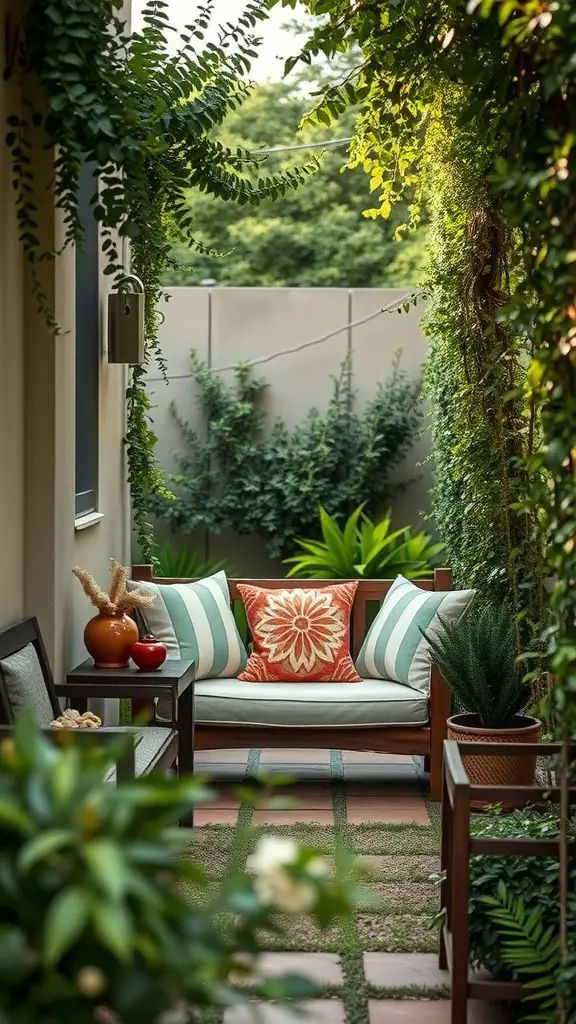 A cozy seating nook in a narrow side yard, featuring outdoor cushions, plants, and a serene atmosphere.