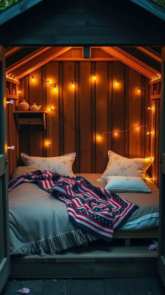 27 Stunning Garden Shed Interiors to Inspire Your Outdoor Space 11 A cozy garden shed interior with a bed, pillows, and string lights creating a warm atmosphere.