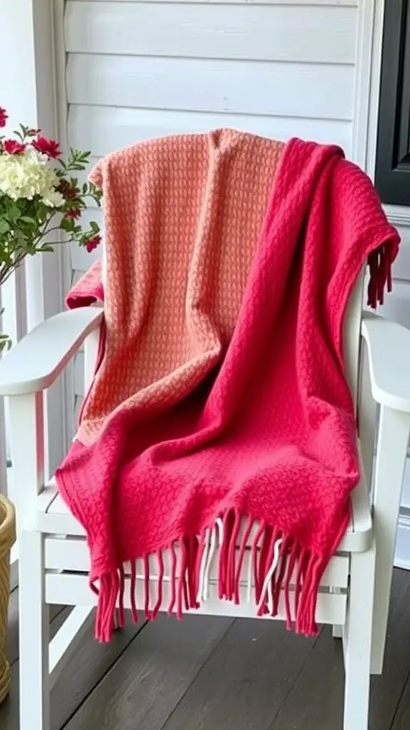 A pink and coral throw blanket draped over a white rocking chair on a front porch.