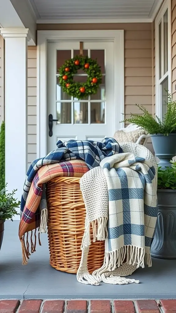 27 Cozy Front Porch Ideas for a Welcoming Home 29 A wicker basket filled with cozy throws on a porch, with a wreath on the door in the background.