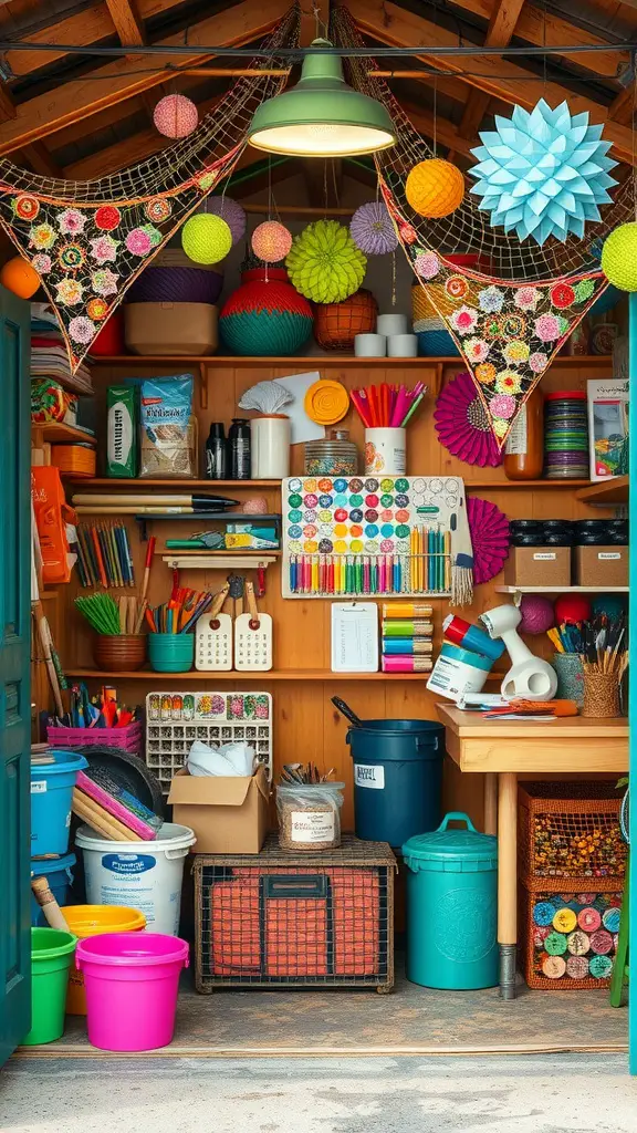37 Creative Backyard Shed Ideas for Every Style 31 A colorful craft shed interior filled with art supplies, decorations, and organized storage.