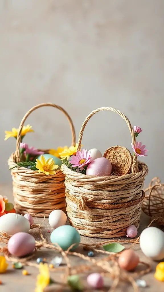 Two small twine baskets with colorful flowers and Easter eggs.