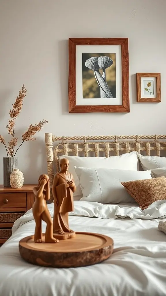 A cozy forestcore bedroom featuring crafted wooden decor, with carved figures on a wooden tray and natural elements.