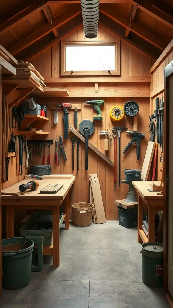 25 Creative Garden Shed Ideas for Your Outdoor Space 5 Interior of a Craftsman style tool shed with wooden walls, organized tools, and workbenches.