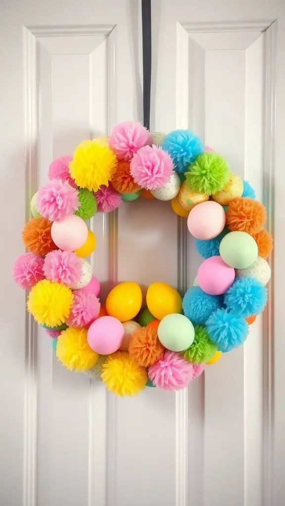 Colorful Easter wreath made of pom-poms and eggs hanging on a door.