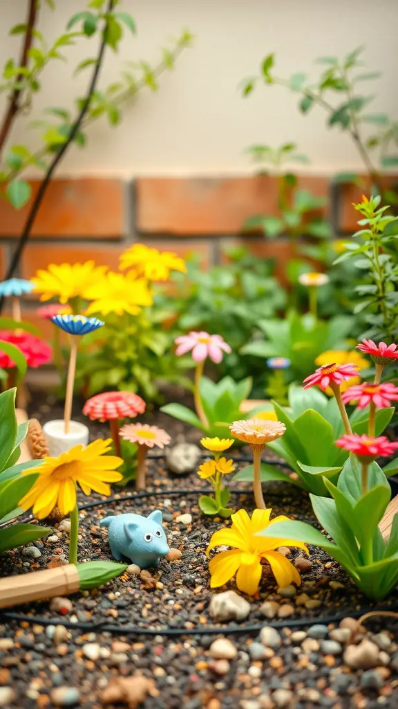 A colorful children's garden with flowers and a blue toy animal.