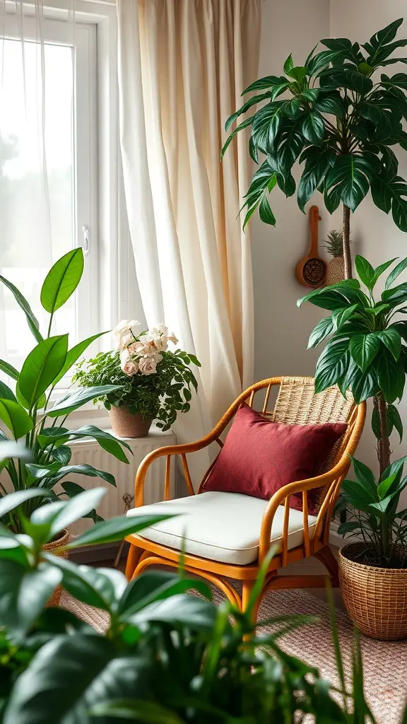 A cozy bedroom nook with a chair surrounded by various indoor plants.