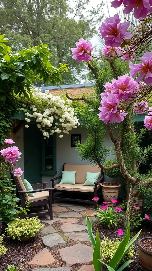 A cozy garden sanctuary with pink flowers, comfortable seating, and lush greenery.
