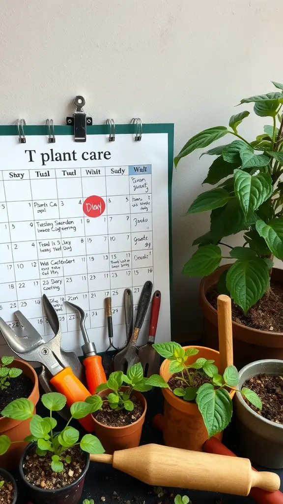 27 Stunning Indoor Plants to Brighten Your Space 20 A detailed plant care calendar with gardening tools and potted plants