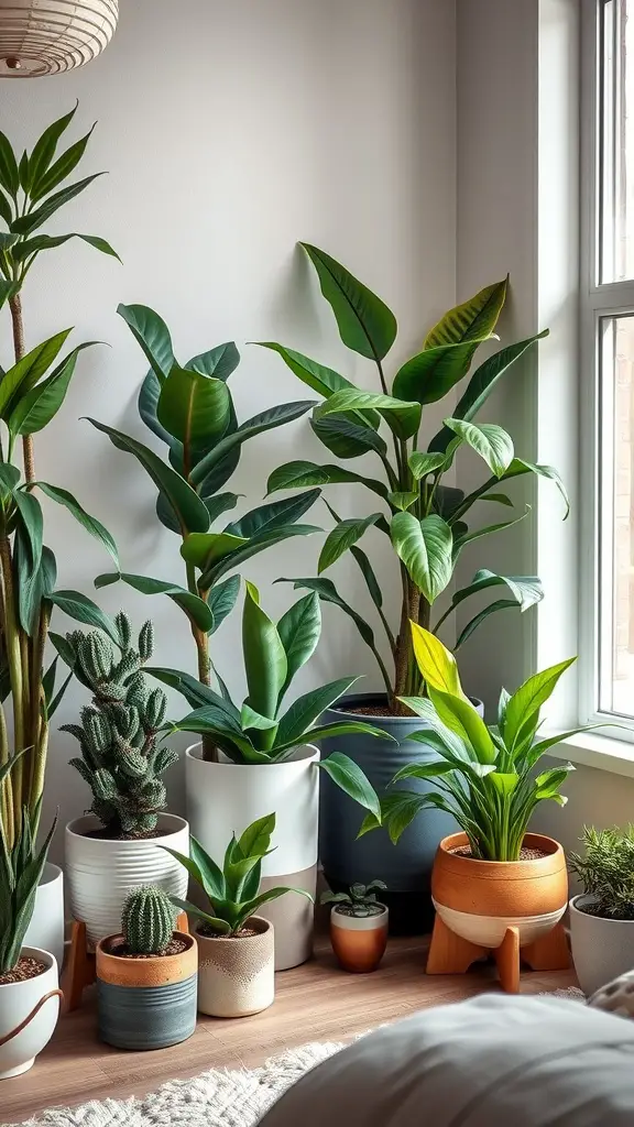 A vibrant plant corner in a bedroom with various potted plants of different sizes and shapes.