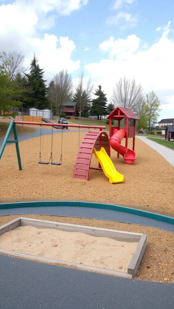Colorful playground with swings, slide, and sandbox in a sloped backyard