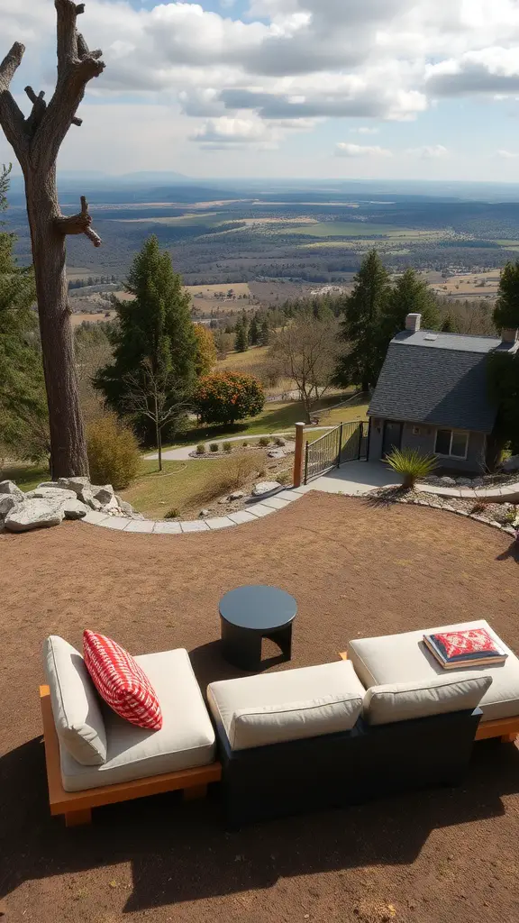 A cozy outdoor seating area overlooking a scenic sloped landscape.