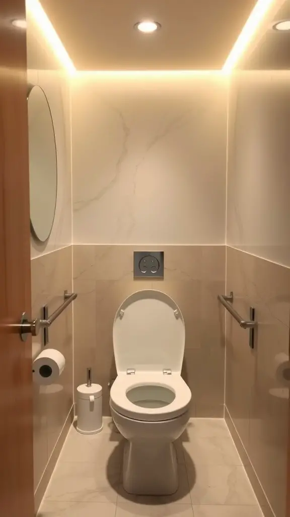 A small toilet room featuring a modern toilet, marble walls, and soft LED lighting.