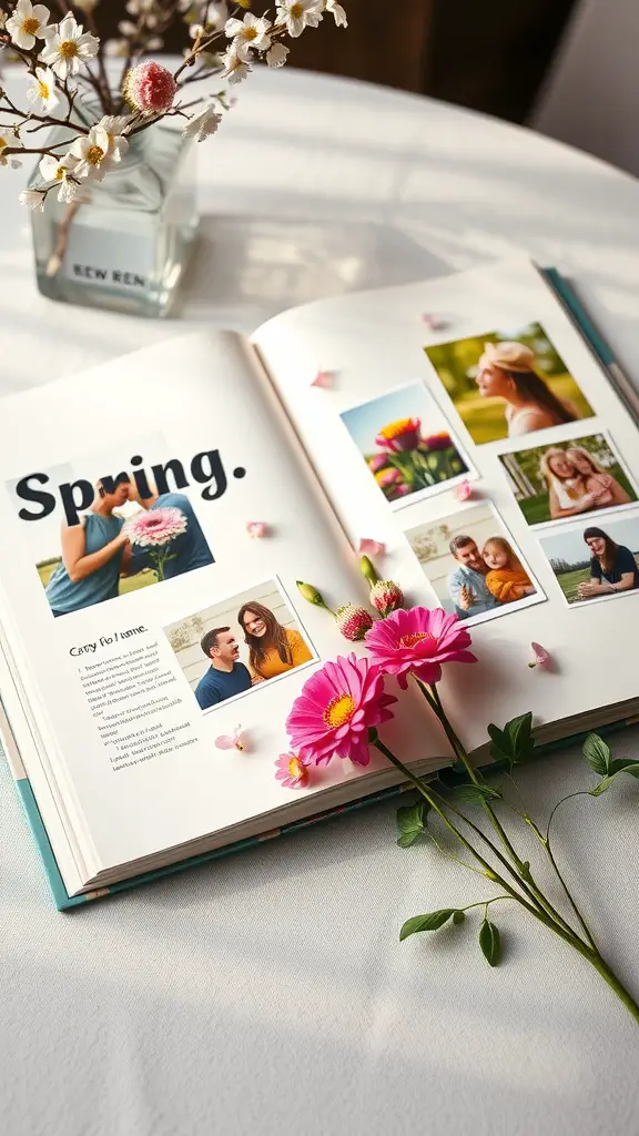 An open scrapbook for spring with photos and flowers on a table.