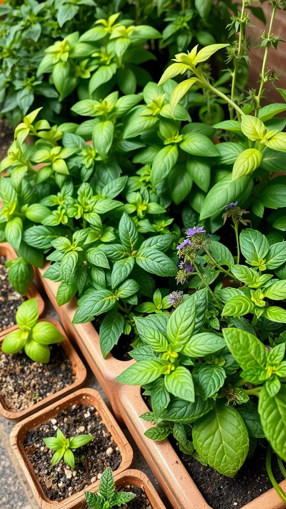 31 Stunning Tropical Garden Design Ideas for Your Backyard 17 A variety of tropical herbs growing in pots, including basil and mint, with lush green leaves.