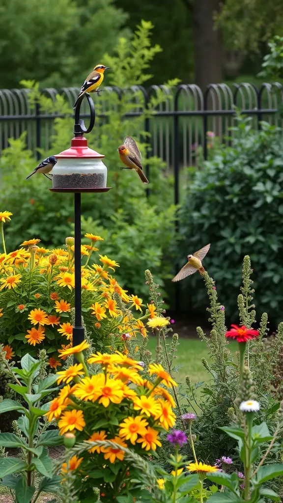 A vibrant garden with yellow flowers and various birds at a bird feeder.