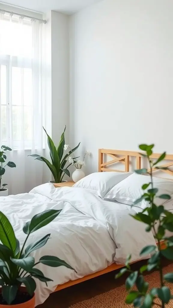 A serene bedroom filled with various plants, featuring a bed with white linens and natural wood elements.