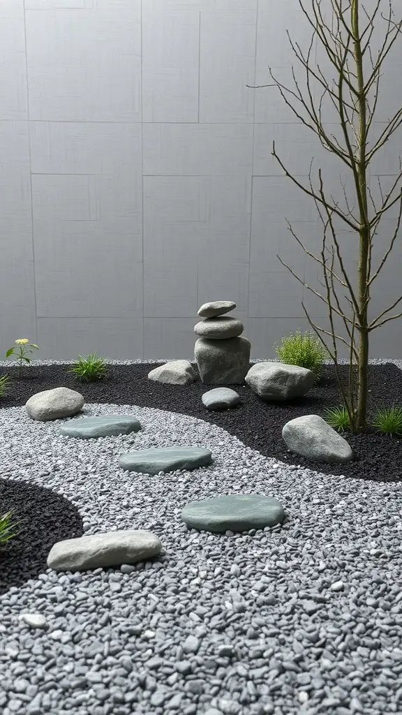 A Zen garden featuring smooth stones, gravel pathways, and sparse greenery for a tranquil atmosphere.