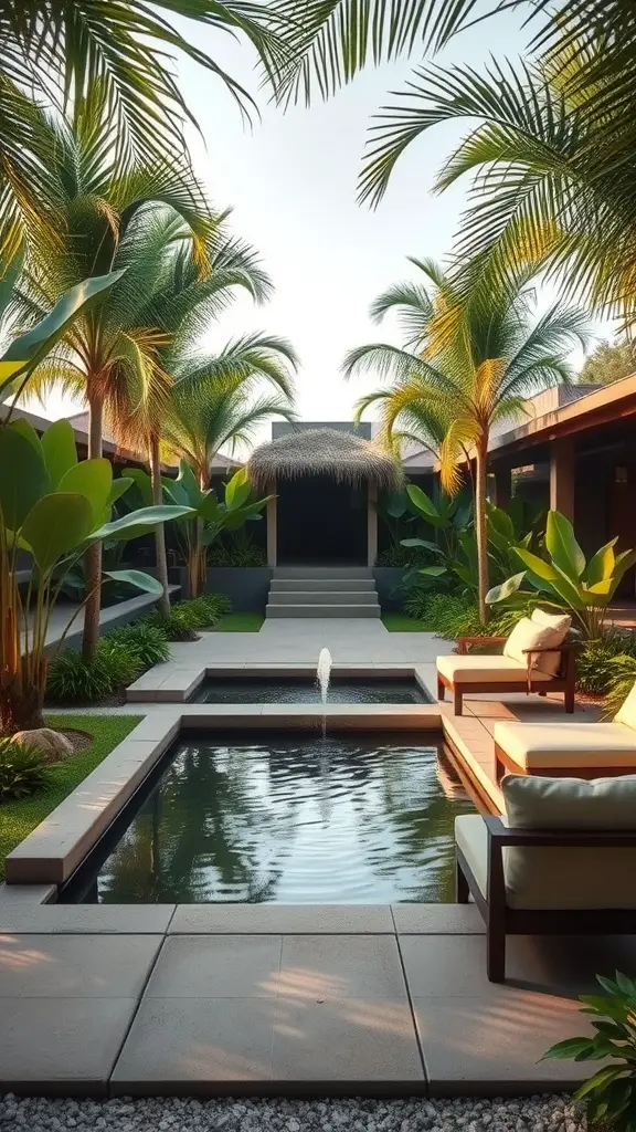 31 Stunning Tropical Garden Design Ideas for Your Backyard 33 A tropical garden with palm trees, a water fountain, and comfortable seating, creating a peaceful retreat.