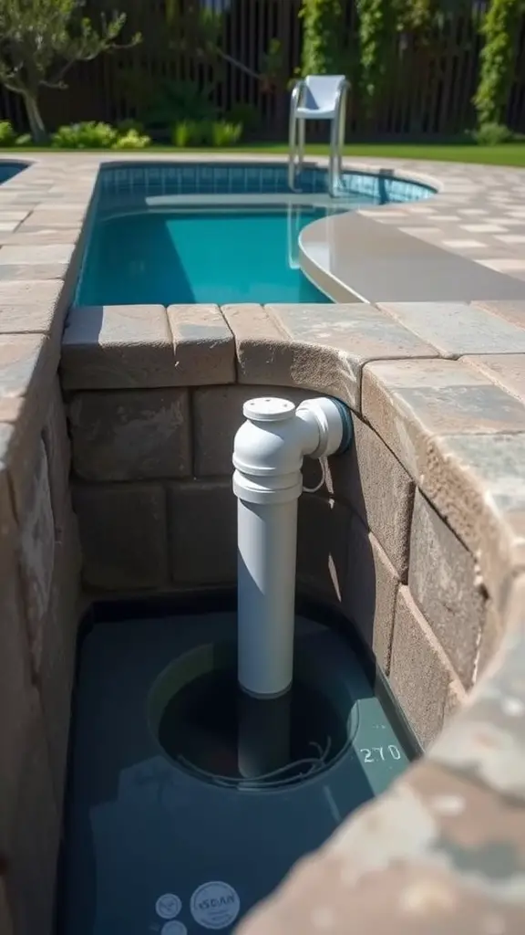 An overflow drain for a pool area, showing a clean, well-designed setup in a brick enclosure.