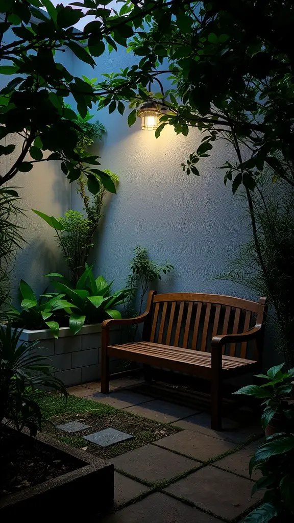 A cozy garden nook featuring a wooden bench surrounded by lush plants and a glowing lantern.