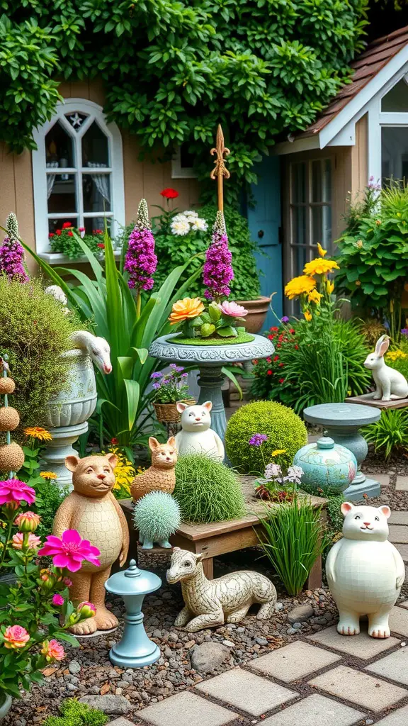 23 Stunning Cottage Garden Design Ideas for a Charming Outdoor Space 15 A colorful cottage garden featuring various garden art sculptures among vibrant flowers and greenery.