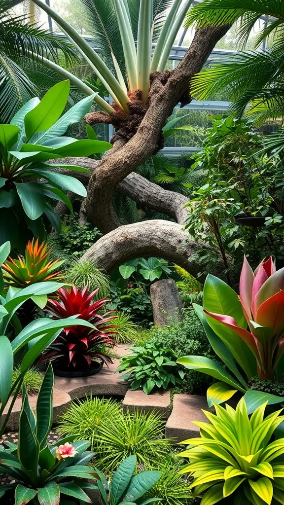 31 Stunning Tropical Garden Design Ideas for Your Backyard 13 A lush tropical garden featuring various plants, a large tree, and winding pathways.