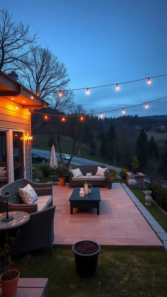 Cozy outdoor living space on a sloped backyard with patio, seating, and string lights.