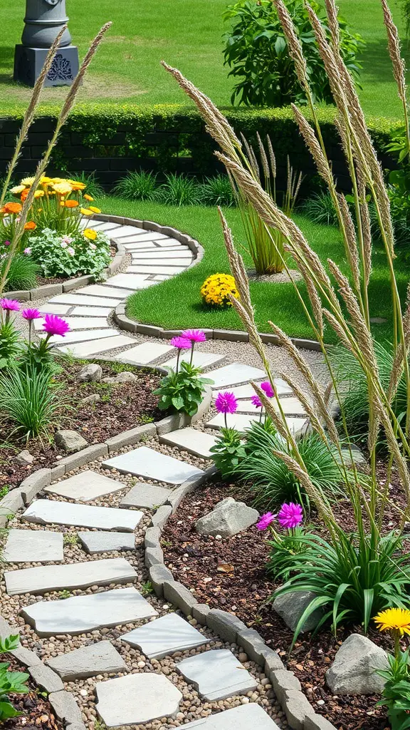 A winding stone pathway in a small garden, surrounded by colorful flowers and lush green plants.