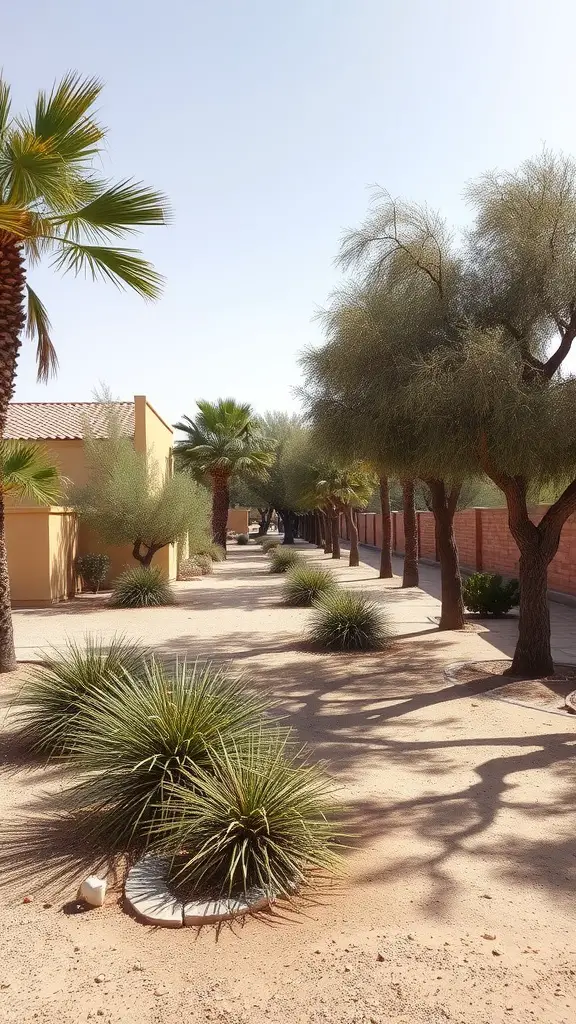 27 Stunning Ideas for Your Desert Garden Oasis 16 A pathway in a desert garden with palm trees and other vegetation providing shade.