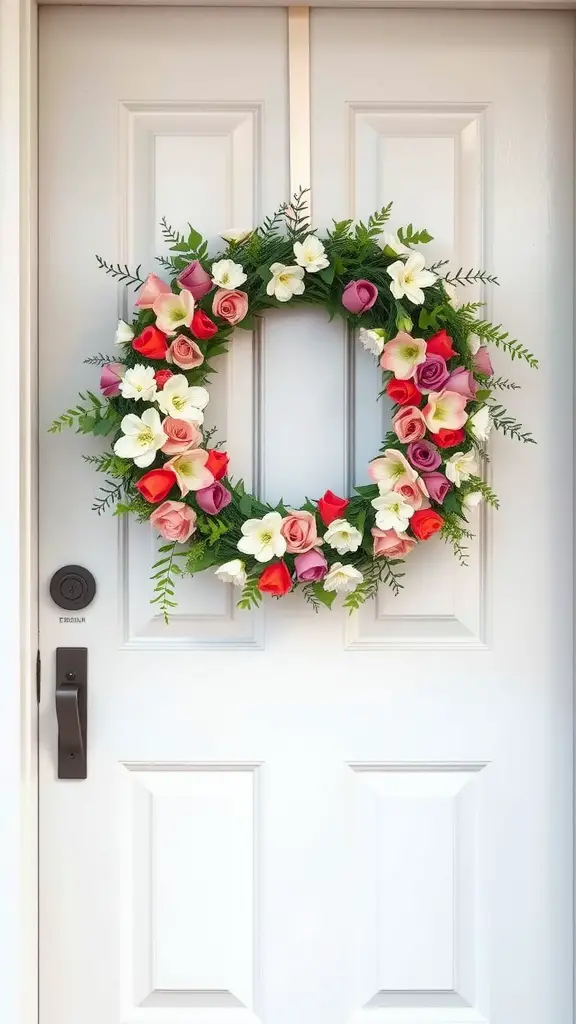 A colorful spring-themed floral wreath hanging on a white door.