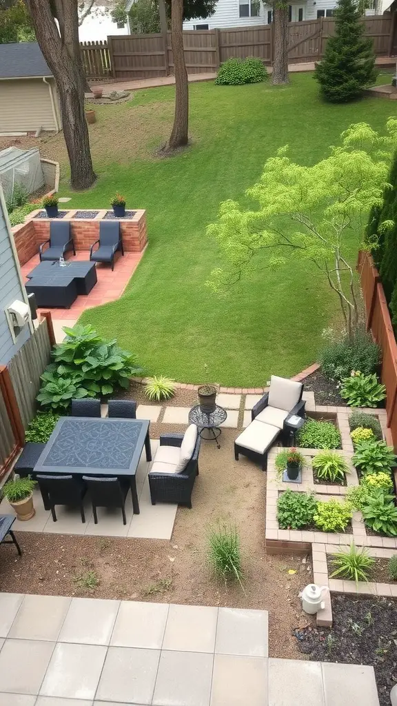 A view of a sloped backyard with defined zones for socializing and gardening.