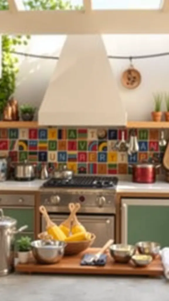 35 Creative Backyard Kitchen Ideas for Outdoor Cooking Enthusiasts 17 Colorful tiled backsplash in an outdoor kitchen with pots and utensils