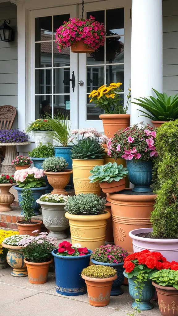 25 Stunning Front Yard Landscaping Ideas to Elevate Your Curb Appeal 13 A collection of colorful flower pots arranged by a front entrance, featuring a variety of plants and flowers.
