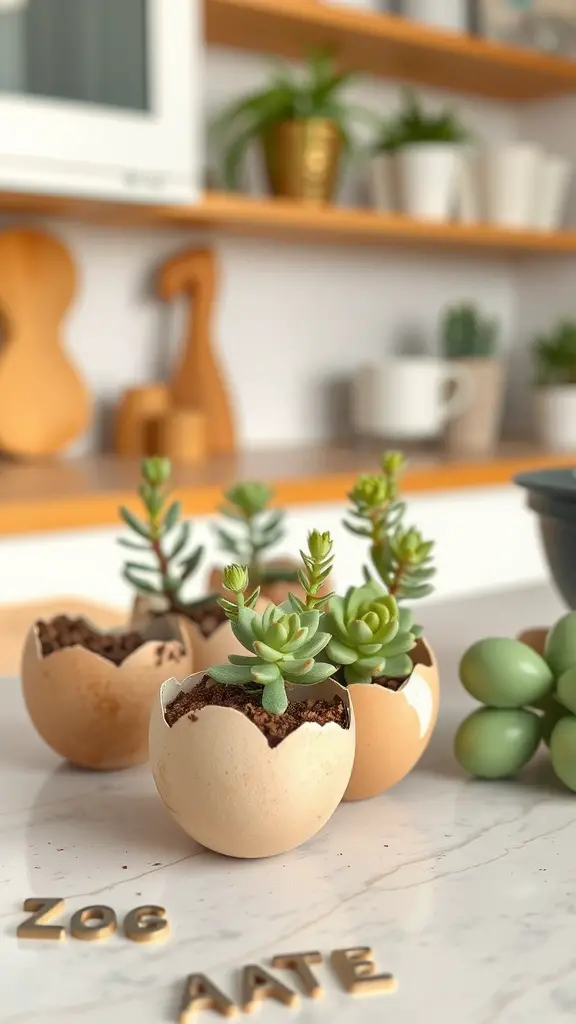 Four eggshell planters with succulents on a marble surface, with wooden decor in the background.