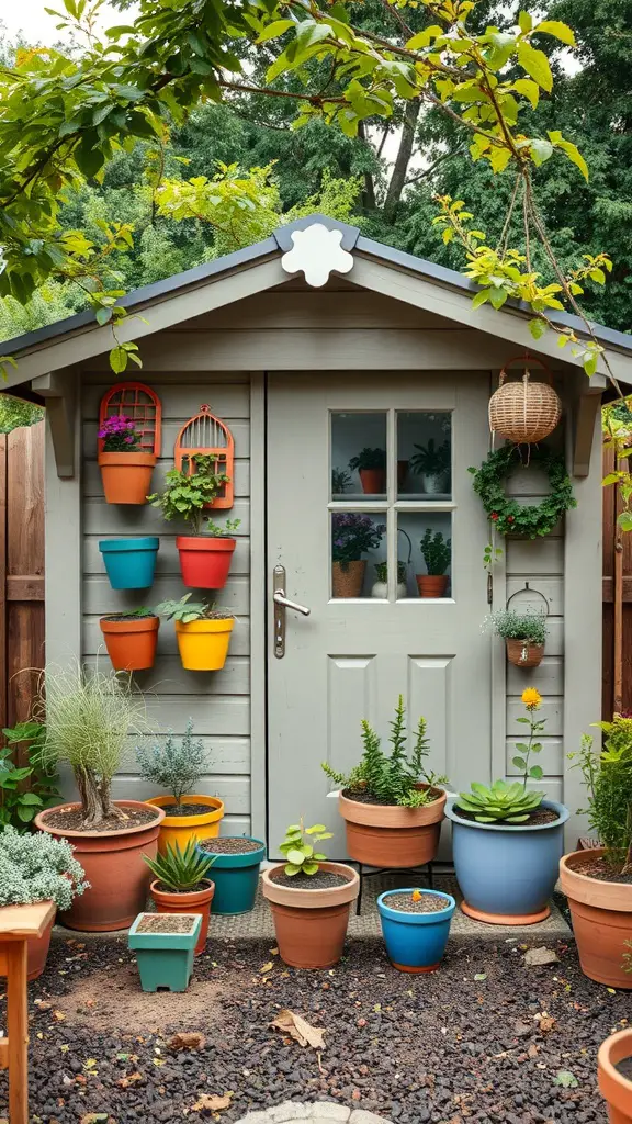 29 Creative Garden Shed Ideas for Every Backyard 27 A stylish garden shed decorated with colorful pots and plants, surrounded by greenery.