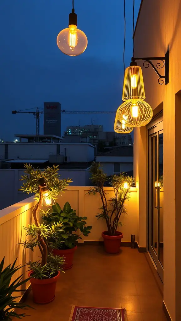 A balcony featuring creative light fixtures including hanging bulbs and artistic lamps, surrounded by plants.