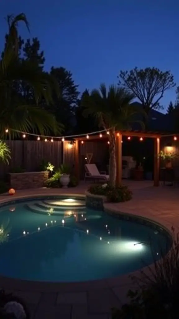 33 Creative Backyard Pool and Patio Ideas for Your Dream Outdoor Space 14 A backyard illuminated with string lights, highlighting a pool and patio area at night.
