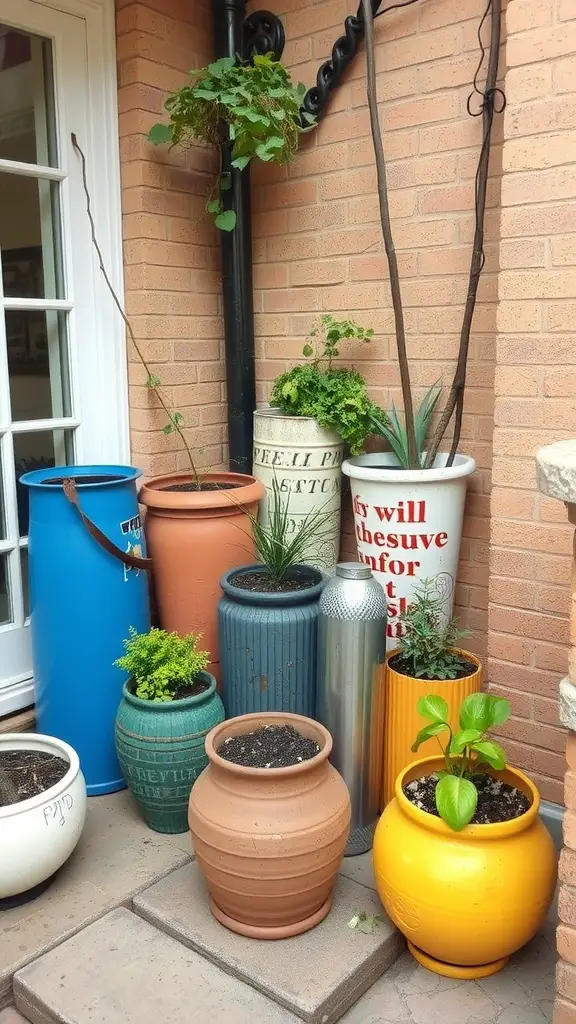 A collection of creative recycled planters in various colors and styles, including barrels and pots, filled with plants.